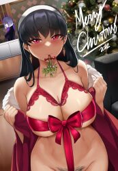 Rule 34 | 2girls, absurdres, black hair, blush, bra, breasts, collarbone, cupless bra, earrings, female pubic hair, fiona frost, hairband, highres, holding, holding mistletoe, jewelry, large breasts, long hair, looking at viewer, merry christmas, mistletoe, mouth hold, multiple girls, off shoulder, pubic hair, pubic hair peek, red bra, red eyes, red ribbon, ribbon, sidelocks, solo focus, spy x family, underwear, xkit, yor briar