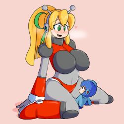 Rule 34 | 1boy, 1girl, alternate breast size, blonde hair, breasts, eyes visible through hair, giant, giantess, green eyes, heart, large breasts, looking at another, mega, mega man (classic), mega man (series), on person, open mouth, ponytail, rock, roll (mega man), smile, w181914