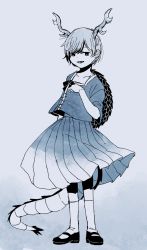 Rule 34 | 1girl, antlers, black footwear, blue theme, commentary request, dragon horns, dragon tail, full body, hand up, highres, horns, kicchou yachie, kneehighs, looking at viewer, mary janes, monochrome, shirt, shoes, short hair, short sleeves, skirt, socks, solo, star (yoiroro), tail, touhou, turtle shell