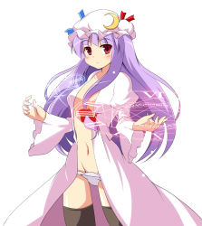 Rule 34 | 1girl, be (o-hoho), hat, highres, long hair, open clothes, panties, patchouli knowledge, purple hair, red eyes, simple background, solo, underwear