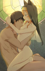 Rule 34 | 1boy, 1girl, absurdres, animal ear headwear, animal ears, black hair, blue archive, blue eyes, breast sucking, breasts, collar, commentary request, completely nude, faceless, faceless male, fake animal ears, hetero, highres, interlocked fingers, looking at another, mailixiang, mari (blue archive), medium hair, nude, nun, open mouth, orange hair, praying, red collar, sex, short hair, small breasts, sweat