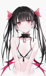 Rule 34 | 1girl, bare arms, bare shoulders, black choker, black hair, bow, bra, breasts, choker, closed mouth, collarbone, cropped torso, earrings, front-tie bra, front-tie top, hair bow, highres, jewelry, long hair, looking at viewer, low wings, nanananana, navel, original, red eyes, simple background, small breasts, solo, spaghetti strap, stomach, sweat, twintails, underwear, white background, white bra, wings