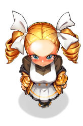 Rule 34 | 1girl, absurdres, angry, black skirt, blonde hair, blush, clenched teeth, dress, drill hair, forehead, from above, full body, ghgnvm, green eyes, hair ribbon, highres, jacket, last origin, looking at viewer, looking up, mercury (last origin), pinafore dress, pink background, pleated skirt, ribbon, shadow, simple background, skirt, sleeveless, sleeveless dress, solo, standing, tears, teeth, tic-tac-toe, twin drills, twintails, v-shaped eyebrows, white ribbon