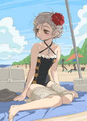 Rule 34 | 1girl, alternate costume, alternate hairstyle, arms at sides, beach, beach towel, beach umbrella, black one-piece swimsuit, blush, braid, closed mouth, criss-cross halter, flower, frilled one-piece swimsuit, frills, grey hair, hair flower, hair ornament, hairclip, halterneck, highres, jewelry, looking to the side, magia record: mahou shoujo madoka magica gaiden, mahou shoujo madoka magica, miwa mitsune, one-piece swimsuit, orange eyes, outdoors, pendant, people, plant, red flower, sand, short hair, side braid, sitting, solo focus, swimsuit, towel, towel on legs, umbrella, you2