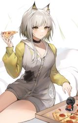 Rule 34 | 1girl, alternate costume, animal ear fluff, animal ears, arknights, black choker, bottomless, breasts, cat ears, character doll, choker, cleavage, closed mouth, doctor (arknights), food, gradient hair, green eyes, green hair, grey hair, grey jacket, highres, holding, holding food, jacket, kal&#039;tsit (arknights), large breasts, long sleeves, looking down, multicolored hair, photoshop (medium), pizza, pizza box, short hair with long locks, single sidelock, sitting, solo, tabayashi, v-shaped eyebrows