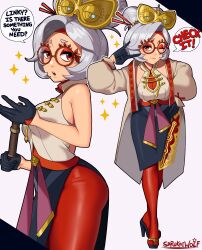 Rule 34 | 1girl, \n/, absurdres, black gloves, black skirt, breasts, coat, english text, eyeliner, glasses, gloves, hair ornament, highres, holding, large breasts, looking at viewer, makeup, multiple views, nintendo, one eye closed, pantyhose, purah, red-framed eyewear, red eyes, red pantyhose, round eyewear, sarukaiwolf, short hair, skirt, sleeveless, speech bubble, the legend of zelda, the legend of zelda: tears of the kingdom, white hair