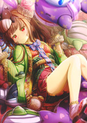Rule 34 | 1girl, aiuabo, alarm clock, black shorts, brown hair, clock, clothing request, commentary request, corset, feather hair ornament, feathers, flower, frilled gloves, frilled sleeves, frills, gloves, green eyes, hair flower, hair ornament, hands up, highres, long hair, long sleeves, looking at viewer, lying, multicolored eyes, on back, original, pink flower, pink rose, purple feathers, purple neckwear, red eyes, rose, sandals, short shorts, shorts, smile, socks, solo, striped, stuffed animal, stuffed toy, stuffed whale, white gloves, wide sleeves