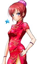 Rule 34 | 10s, 1girl, alternate hairstyle, bad anatomy, bad hands, china dress, chinese clothes, copyright name, dress, hair bun, hand on own hip, highres, love live!, love live! school idol festival, love live! school idol project, nishikino maki, purple eyes, red hair, shogo (4274732), simple background, single hair bun, solo, standing, white background