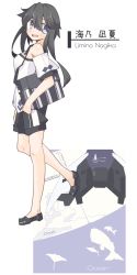 Rule 34 | 1girl, bag, bare shoulders, black hair, blue eyes, character name, dolphin, from side, highres, ibis1, inset, looking at viewer, manta ray, messenger bag, open mouth, original, short hair with long locks, short sleeves, shorts, shoulder bag, slippers, solo, walking, whale, white background