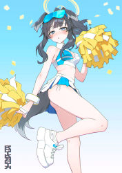Rule 34 | 1girl, animal ears, ass, bad id, bad pixiv id, black hair, blue archive, blush, breasts, cheerleader, cleavage, confetti, crop top, dog ears, dog girl, dog tail, eyewear on head, goggles, goggles on head, halo, hibiki (blue archive), hibiki (cheer squad) (blue archive), highres, leg up, long hair, looking at viewer, medium breasts, midriff, millennium cheerleader outfit (blue archive), open mouth, pleated skirt, pom pom (cheerleading), rqtkrqtk, shoes, simple background, skirt, sneakers, solo, standing, standing on one leg, tail
