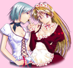 Rule 34 | 2girls, ace attorney, adrian andrews, alternate costume, apron, blonde hair, blue eyes, blue hair, breasts, capcom, casual, chocolate, cleavage, eating, franziska von karma, glasses, long hair, maid, maid apron, maid headdress, multiple girls, navel, no bra, open mouth, phoenix wright: ace attorney - justice for all, profile, red eyes, short hair, yuri