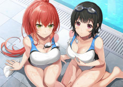 Rule 34 | 2girls, absurdres, arm support, asmr, azuki yui, bare legs, bare shoulders, barefoot, black hair, blush, breast hold, breasts, cleavage, closed mouth, collarbone, competition swimsuit, dutch angle, goggles, goggles on head, green eyes, groin, hair between eyes, highleg, highleg swimsuit, highres, large breasts, long hair, looking at viewer, multiple girls, non-web source, one-piece swimsuit, original, ponytail, pool, poolside, purple eyes, red hair, short hair, sidelocks, sitting, smile, swimsuit, thighs, tile floor, tiles, very long hair, water, wet, wet clothes, wet swimsuit, white one-piece swimsuit