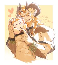 Rule 34 | 1boy, abs, absurdres, animal ears, another eidos-r, azmond (another eidos), bara, body fur, bracelet, braid, curled horns, facial hair, fake horns, fingernails, forked eyebrows, goat boy, goat ears, happy birthday, harness, heart, highres, horned headwear, horns, jewelry, male focus, muscular, muscular male, mustache stubble, muuunya000, one eye closed, open mouth, orange hair, sharp fingernails, solo, stubble, twin braids, upper body