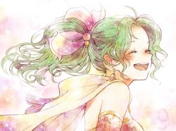 Rule 34 | 1girl, bare shoulders, bow, breasts, cape, detached sleeves, earrings, final fantasy, final fantasy vi, green hair, ichi (pixiv6373491), jewelry, long hair, open mouth, ponytail, ribbon, smile, solo, tina branford
