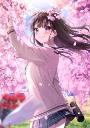 Rule 34 | 1girl, absurdres, black hair, black skirt, blue sky, blunt bangs, blurry, bouquet, cardigan, cherry blossoms, closed mouth, clothes lift, collared shirt, commentary request, day, depth of field, floating hair, flower, graduation, highres, long sleeves, looking at viewer, original, outdoors, plaid, plaid skirt, pleated skirt, purple eyes, rose, school uniform, shirt, skirt, skirt lift, sky, smile, solo, spring (season), standing, uniform, white shirt, yushima