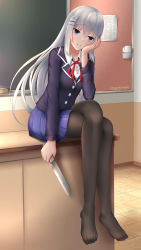 Rule 34 | 1girl, absurdres, black jacket, black pantyhose, blazer, blue eyes, blue skirt, blush, chalkboard, classroom, commentary request, crossed legs, date a live, full body, grin, hair between eyes, hair ornament, hairclip, hand on own cheek, hand on own face, highres, holding, holding knife, indoors, jacket, knife, leaning forward, long hair, no shoes, origamiknight, pantyhose, pleated skirt, school uniform, shirt, silver hair, sitting, sitting on table, skirt, smile, solo, tobiichi origami, very long hair, white shirt, yandere