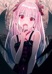 Rule 34 | 1girl, bad id, bad pixiv id, bare arms, bare shoulders, bat wings, bird, black bird, black dress, blood, choker, dress, earrings, fangs, finger to mouth, hair ribbon, highres, jewelry, koh rd, long hair, looking at viewer, open mouth, original, pointy ears, red eyes, ribbon, sidelocks, sleeveless, sleeveless dress, solo, two side up, upper body, vampire, white hair, wings