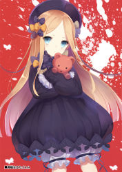 Rule 34 | 1girl, abigail williams (fate), bad id, bad pixiv id, black bow, black dress, black hat, blonde hair, bloomers, blue eyes, bow, dress, fate/grand order, fate (series), forehead, hair bow, hat, holding, holding stuffed toy, hugging object, long hair, long sleeves, looking at viewer, orange bow, parted bangs, polka dot, polka dot bow, sleeves past wrists, solo, stuffed animal, stuffed toy, teddy bear, underwear, very long hair, white bloomers, yuzu-aki