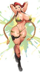 Rule 34 | 1girl, absurdres, alternate breast size, beret, bikini, blonde hair, boots, breasts, cammy white, capcom, curvy, gurimjang, hat, highres, huge breasts, long hair, red hat, scar, street fighter, swimsuit, wide hips