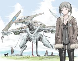 Rule 34 | 1girl, bodysuit, breasts, cleavage, cloud, day, dog, dog tags, fur trim, jacket, mecha, raynos, robot, sky, smile, twintails, yrafy, zoids