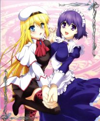 Rule 34 | 2girls, :d, :o, artist request, asymmetrical docking, beret, black footwear, blonde hair, blue dress, blue eyes, blush, boots, breast press, breasts, cosette shelley, dress, female focus, holding hands, hat, highres, interlocked fingers, large breasts, long dress, long hair, long sleeves, looking at viewer, maid, medium breasts, multiple girls, open mouth, pink background, purple eyes, purple hair, school uniform, seikoku no dragonar, short hair, silvia lautreamont, smile, thigh boots, thighhighs, white headwear, yuri