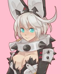 Rule 34 | 1girl, absurdres, ahoge, belt, blue eyes, breasts, cleavage, closed mouth, clover, collar, elphelt valentine, four-leaf clover, guilty gear, guilty gear xrd, hair between eyes, hairband, heart, highres, huge ahoge, large breasts, light blush, looking at viewer, mil17459623, pink background, short hair, simple background, smile, solo, spiked collar, spiked hairband, spikes, upper body, white hair