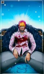 Rule 34 | 1boy, black coat, blonde hair, blood, blood on clothes, cigarette, coat, coat on shoulders, donquixote rocinante, fur coat, fur trim, heart, highres, hood, hood up, lipstick, long sleeves, looking down, makeup, male focus, one piece, pink shirt, realistic, red headwear, red hood, seignest, shirt, short hair, signature, sitting, smoking, solo