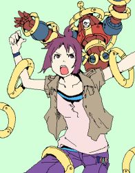 Rule 34 | 1girl, angry, arms up, hoop, k (k o u i c h i), lowres, mecha, oekaki, outstretched arms, pants, purple hair, robot, short hair, shouting, solo, spread arms