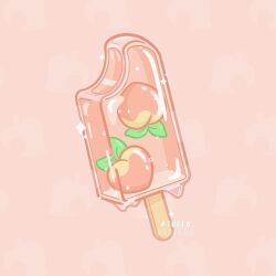 Rule 34 | animal crossing, artist name, commentary, dripping, english commentary, food, food focus, fruit, jasmine (atrela.designs), leaf, leaf background, nintendo, no humans, orange background, patterned background, peach, popsicle, popsicle stick, sparkle, still life, watermark
