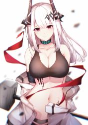 Rule 34 | 1girl, arknights, bare shoulders, black choker, blurry, breasts, choker, cleavage, closed mouth, collarbone, crop top, depth of field, groin, hammer, highres, horns, infection monitor (arknights), large breasts, leria v, long hair, looking at viewer, material growth, midriff, mudrock (arknights), mudrock (elite ii) (arknights), navel, off shoulder, oripathy lesion (arknights), red eyes, red ribbon, ribbon, simple background, sleeveless, solo, sports bra, stomach, white background, white hair