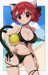 Rule 34 | 1girl, :o, alternate costume, alternate hairstyle, animal ears, beach, black ribbon, blue sky, breasts, cat ears, cat girl, cat tail, cleavage, cloud, day, extra ears, groin, hair ribbon, hair up, highres, kaenbyou rin, large breasts, looking at viewer, multiple tails, navel, open mouth, outdoors, red eyes, red hair, ribbon, sakaki (utigi), short hair, sky, solo, tail, touhou, two tails