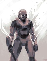 Rule 34 | 1boy, absurdres, armor, assault visor, broken glass, clenched hand, commentary, english commentary, glass, halo: reach, halo (series), helmet, highres, male focus, plastic-bridge, power armor, science fiction, sketch, solo, spartan-b312, spartan (halo), standing