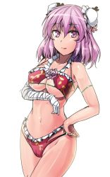 Rule 34 | 1girl, adapted costume, bandaged arm, bandages, bikini, breasts, bun cover, cleavage, closed mouth, cowboy shot, double bun, flower, hair bun, hand on own hip, highres, ibaraki kasen, large breasts, looking at viewer, navel, one-hour drawing challenge, pink eyes, pink flower, pink hair, pink rose, red bikini, rose, smile, solo, stomach, swimsuit, touhou, underboob, white background, y2