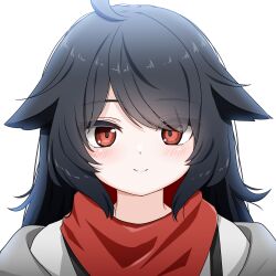 Rule 34 | 1girl, ahoge, animal ears, bandana around neck, black hair, closed mouth, commentary request, copyright request, eyes visible through hair, highres, long hair, looking at viewer, portrait, red eyes, shirt, simple background, smile, solo, suzuki-shi, swept bangs, white background, white shirt