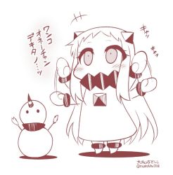Rule 34 | +++, 10s, 1girl, abyssal ship, blush, chibi, commentary request, covered mouth, dress, horns, kantai collection, long hair, looking at viewer, mittens, monochrome, northern ocean princess, objectification, seaport princess, single horn, snowman, solo, translation request, very long hair, waving arms, yamato nadeshiko