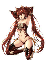 Rule 34 | 1girl, :d, absurdres, animal ears, armor, armored boots, armpits, arms behind head, arms up, bare shoulders, boots, breasts, brown eyes, brown hair, cerberus (shingeki no bahamut), cleavage, collar, collarbone, full body, gauntlets, hair between eyes, high heel boots, high heels, highres, kneeling, long hair, looking at viewer, medium breasts, navel, open mouth, panties, qianqiu wanxia, red eyes, red hair, red panties, revealing clothes, shingeki no bahamut, simple background, smile, solo, stomach, thigh boots, thighhighs, twintails, underwear, very long hair, white background