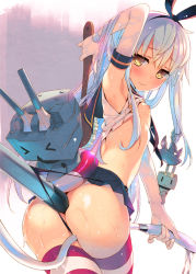 Rule 34 | 10s, 1girl, anal, anal object insertion, anchor hair ornament, arm up, armpits, ass, back scrubber, between thighs, black panties, blonde hair, blush, breasts, butt crack, elbow gloves, gloves, hair ornament, hairband, kantai collection, long hair, microskirt, nipples, object insertion, panties, rensouhou-chan, shimakaze (kancolle), shower head, skirt, small breasts, solo, striped clothes, striped thighhighs, tatami to hinoki, thighhighs, thong, underwear, wedgie, wet, yellow eyes