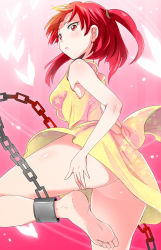 Rule 34 | 1girl, ankle cuffs, ass, bad id, bad pixiv id, bare legs, barefoot, blush, breasts, chain, cuffs, dress, feet, kaya (c14), legs, looking at viewer, looking back, magi the labyrinth of magic, morgiana, no panties, red eyes, red hair, shackles, short hair, side ponytail, sideboob, soles, solo, star (symbol), toes