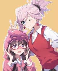 Rule 34 | 2girls, ;), black skirt, blue eyes, blush, brown hair, bunny ears prank, closed mouth, commentary request, earrings, fate/grand order, fate (series), glasses, hair between eyes, hair bobbles, hair ornament, hood, hood up, hoodie, jewelry, long sleeves, low twintails, miyamoto musashi (fate), multiple girls, one eye closed, open mouth, orange background, osakabehime (fate), outline, pink hair, pink hoodie, pleated skirt, ponytail, purple eyes, red-framed eyewear, semi-rimless eyewear, shirt, simple background, skirt, sleeves pushed up, smile, sweat, sweater vest, tsuezu, twintails, under-rim eyewear, white outline, white shirt
