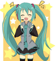 Rule 34 | 1girl, aqua hair, bad id, bad pixiv id, blush, detached sleeves, closed eyes, hair ornament, hatsune miku, headset, highres, inaka gyomin, long hair, necktie, open mouth, skirt, smile, solo, thighhighs, twintails, very long hair, vocaloid, zettai ryouiki