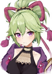 Rule 34 | 1girl, absurdres, black shirt, chinese commentary, commentary request, dodo (yatotoyatoto), genshin impact, green hair, hair between eyes, highres, jacket, kuki shinobu, looking at viewer, open clothes, open jacket, parted lips, ponytail, purple eyes, purple jacket, shirt, short hair, simple background, solo, upper body, white background