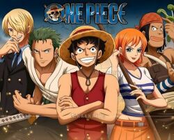 1girl 4boys black_hair blonde_hair copyright_name crossed_arms facial_scar green_hair hat jolly_roger looking_at_viewer monkey_d._luffy multiple_boys nami_(one_piece) nami_(one_piece)_(east_blue) one_piece one_piece_(live_action) orange_hair rakara11_(rakkarts) roronoa_zoro sanji_(one_piece) scar scar_on_cheek scar_on_face skirt straw_hat usopp v-neck yellow_skirt