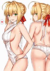 Rule 34 | 10s, 1girl, ?, ahoge, ass, back, backless outfit, bad id, bad pixiv id, bare back, bare shoulders, blonde hair, blush, braid, breasts, butt crack, fary5, fate/extra, fate (series), french braid, green eyes, hair between eyes, hair bun, hair intakes, hair ribbon, halterneck, heart, highres, hip focus, large breasts, looking at viewer, looking back, meme attire, nero claudius (fate), nero claudius (fate) (all), nero claudius (fate/extra), open mouth, red ribbon, ribbon, sideboob, simple background, single hair bun, smile, solo, spoken heart, sweater, thighs, turtleneck, virgin killer sweater, white background, white sweater