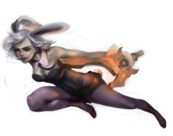 Rule 34 | 1girl, alternate costume, animal ears, bare shoulders, battle bunny riven, breasts, detached collar, fake animal ears, high heels, jumping, league of legends, lips, lipstick, makeup, necktie, nose, pantyhose, playboy bunny, rabbit ears, rabbit tail, riven (league of legends), seonga, short hair, silver hair, solo, sword, tail, weapon