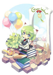 Rule 34 | 1girl, animal, animal ears, balloon, blue eyes, book, book stack, bush, cat ears, cat girl, chibi, dress, fence, fox, green hair, holding, holding book, ikusabe lu, long sleeves, looking at viewer, mary janes, mini person, minigirl, open mouth, original, shoes, short hair, sitting, smile, socks, solo, watering can, wind chime