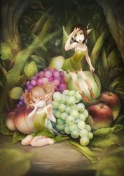 Rule 34 | 2girls, akai kitsune, apple, bad id, bad pixiv id, brown hair, closed eyes, dress, fairy, food, fruit, grapes, green dress, green eyes, mini person, minigirl, multiple girls, open mouth, original, pointy ears, shading eyes, sitting, smile, strapless, strapless dress, twintails, wariza