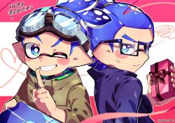 Rule 34 | 2boys, absurdres, artist name, black-framed eyewear, blue eyes, blue hair, border, bright pupils, brown jacket, closed mouth, commentary request, gift, glasses, goggles, goggles on head, happy valentine, heart, heart in eye, highres, holding, holding gift, inkling, inkling boy, inkling player character, jacket, letterboxed, male focus, multiple boys, nintendo, one eye closed, outside border, pink border, pointy ears, shigeng0mi, short hair, short ponytail, simple background, smile, splatoon (series), sweat, symbol in eye, teeth, tentacle hair, twitter username, upper body, v-shaped eyebrows, wavy mouth, white background, white pupils