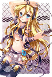 Rule 34 | 1girl, :p, blonde hair, blue eyes, blush, cable, cd, collar, highres, lily (vocaloid), long hair, microphone, skirt, solo, thighhighs, tongue, tongue out, tottsuan, vocaloid