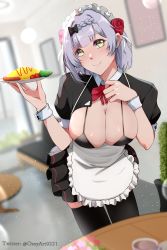 Rule 34 | 1girl, alternate breast size, alternate costume, apron, bikini, bikini top only, black bikini, black bow, black thighhighs, blurry, blush, bow, bowtie, braid, breast suppress, breasts, cleavage, closed mouth, cowboy shot, depth of field, english text, enmaided, flower, frilled apron, frilled hairband, frills, genshin impact, green eyes, hair flower, hair ornament, hairband, hand on own chest, hand up, highres, holding, holding tray, large breasts, looking at viewer, maid, maid apron, maid headdress, noelle (genshin impact), ozzyart 0221, pleated skirt, red bow, red bowtie, ribbon, short hair, short sleeves, shrug (clothing), skindentation, skirt, smile, solo, standing, swimsuit, table, thighhighs, tray, twitter username, white apron, white hair, white ribbon, wrist cuffs
