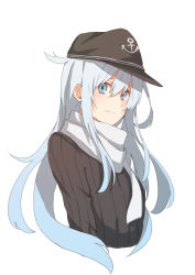 Rule 34 | 10s, 1girl, anchor symbol, aqua eyes, aqua hair, flat cap, hat, hibiki (kancolle), highres, kantai collection, long hair, looking at viewer, ribbed sweater, scarf, simple background, smile, solo, sweater, tsukamoto minori, upper body, white background, white scarf